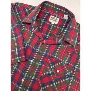 Ely Cattleman Men's L Short Sleeve Pearl Snap Western Shirt Red Blue Green Plaid